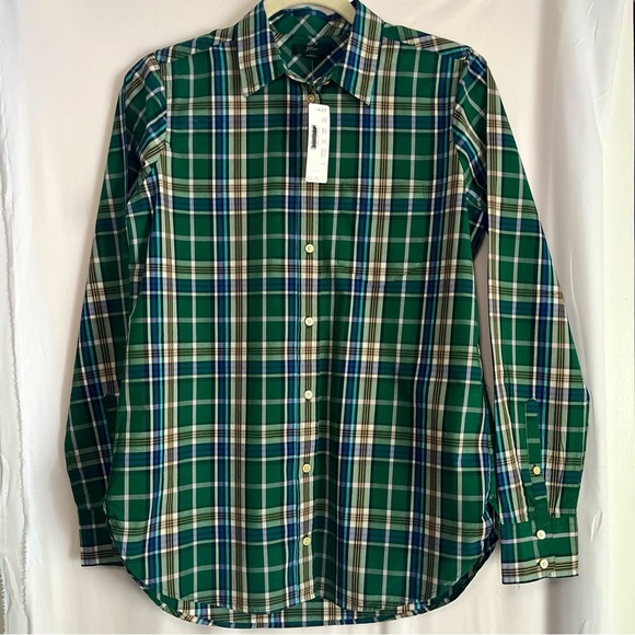 NWT! J. Crew Women’s Green Blue Plaid Button Shirt Sz2 Pocket Collared Cotton - Picture 1 of 14